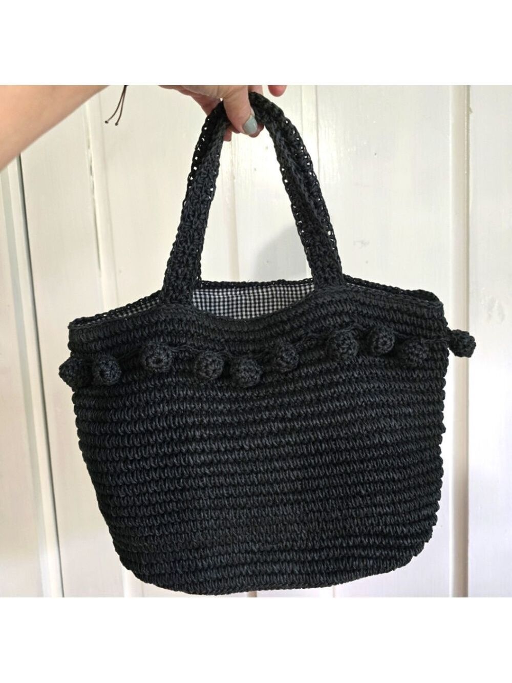 Buji Baja Woven Raffia Straw Handbag with Pom Pom Fringe and Gingham Lining